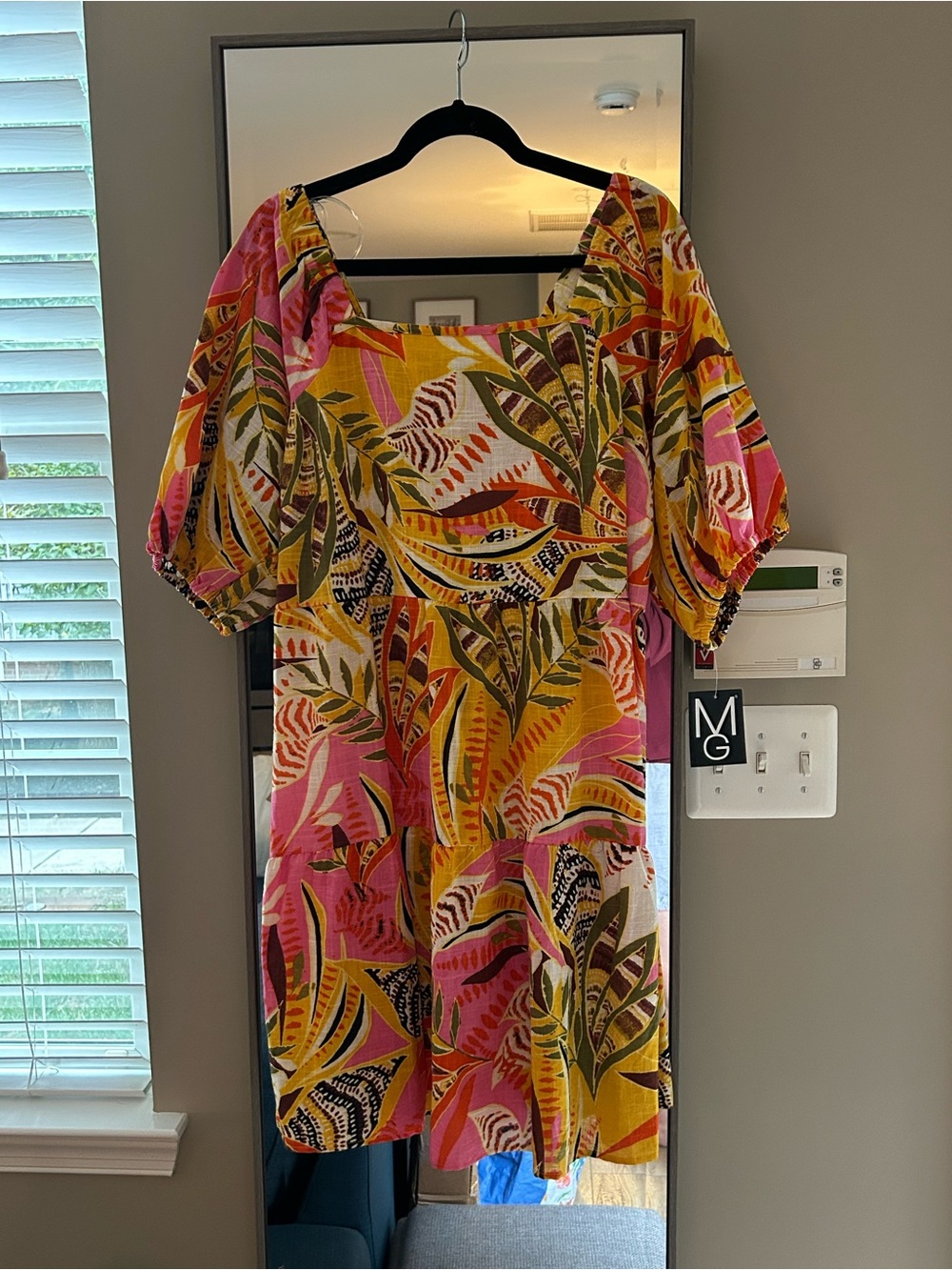 Mlle Gabrielle Dress Yellow Floral Cotton Tiered Short Puff Sleeve Women's 1X